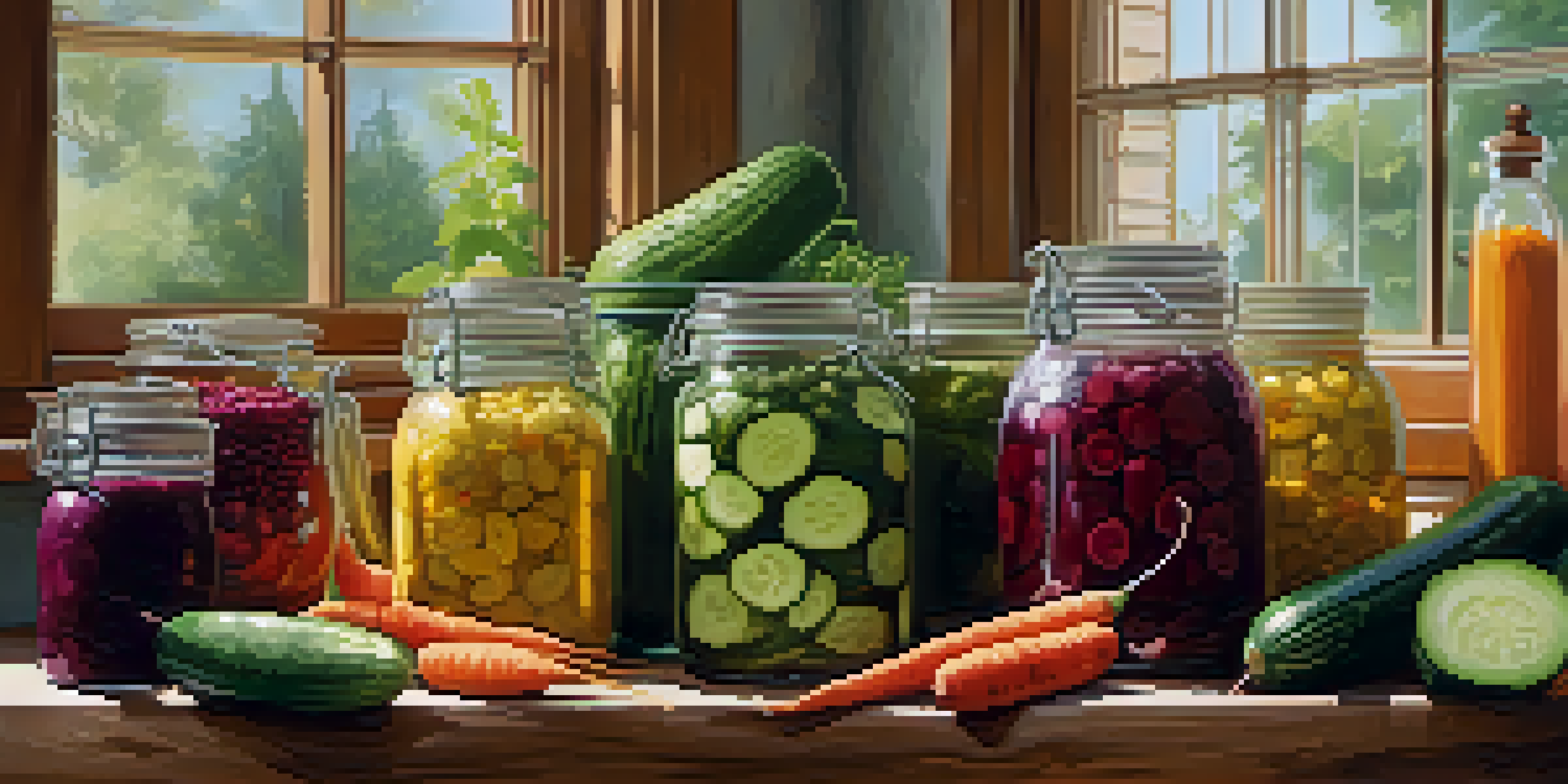 A rustic kitchen countertop with jars of colorful pickles and an assortment of spices, illuminated by soft natural light.