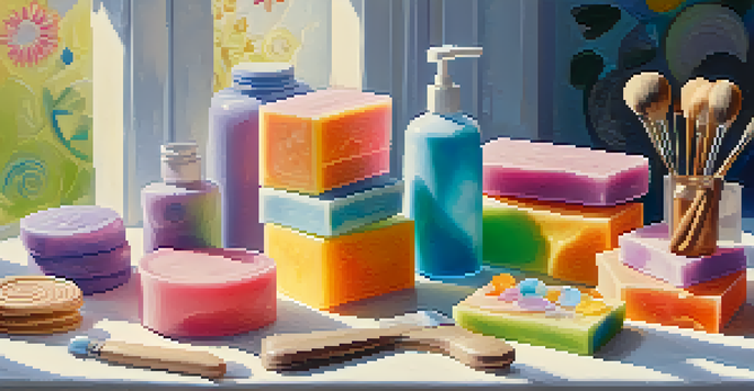A bright and organized soap sculpting workspace with colorful glycerin soap and sculpting tools, illuminated by soft natural light.