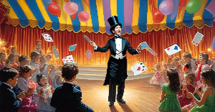 A magician in a tuxedo performing with colorful props on a brightly lit stage, captivating an audience of diverse ages.
