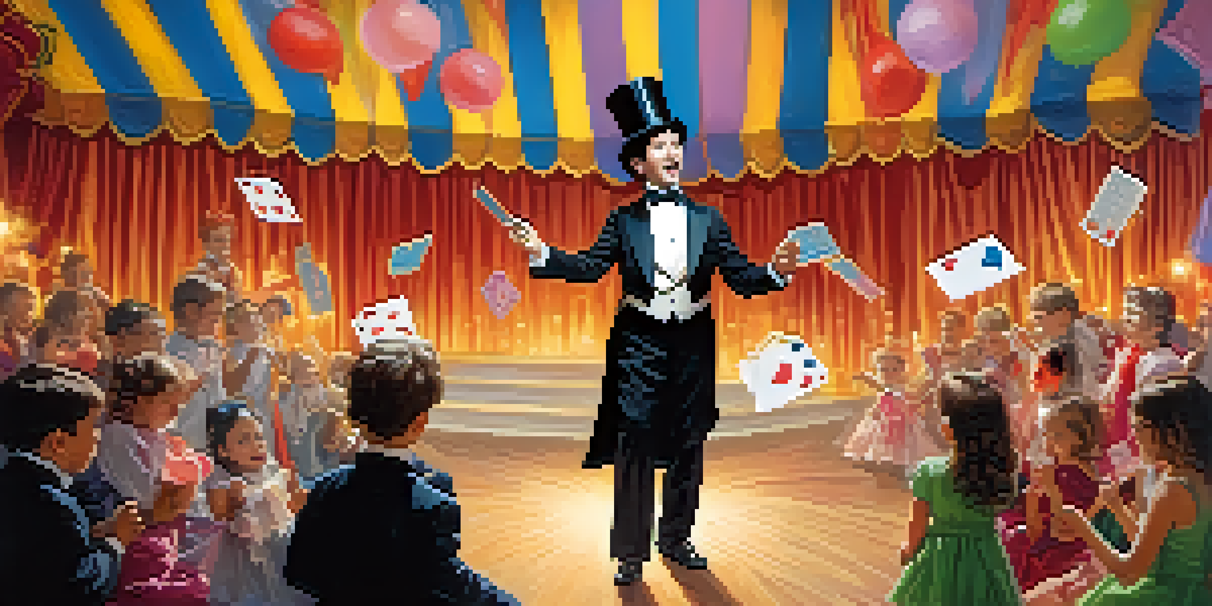 A magician in a tuxedo performing with colorful props on a brightly lit stage, captivating an audience of diverse ages.