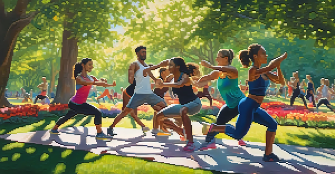 A diverse group of individuals exercising together in a sunny park, showcasing unity and motivation through fitness.