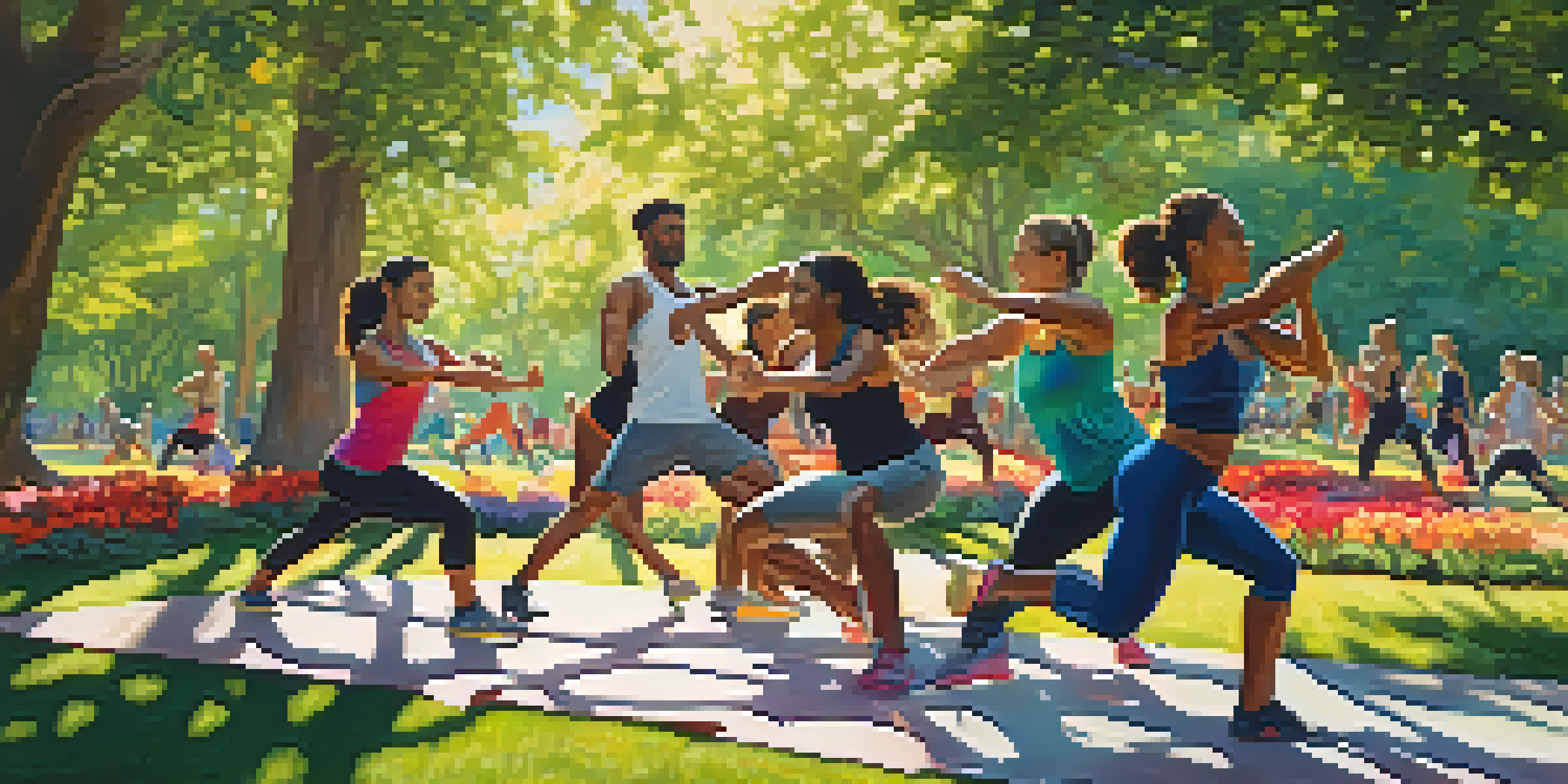 A diverse group of individuals exercising together in a sunny park, showcasing unity and motivation through fitness.