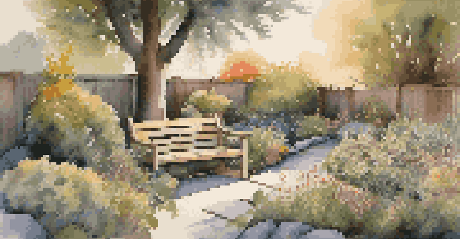 A peaceful backyard garden at dusk, with soft golden light illuminating various plants and a wooden bench under a tree.