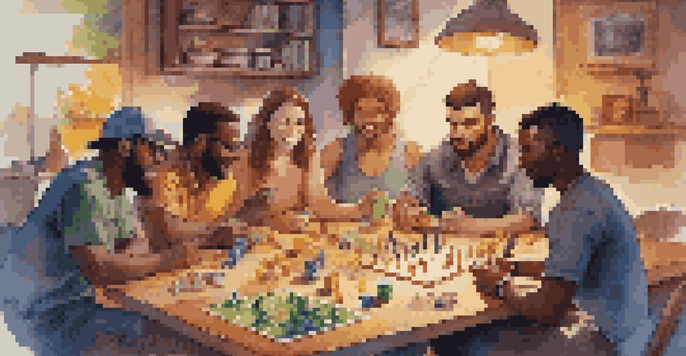 A diverse group of gamers playing a strategy board game with colorful pieces and snacks on the table in a warmly lit room.