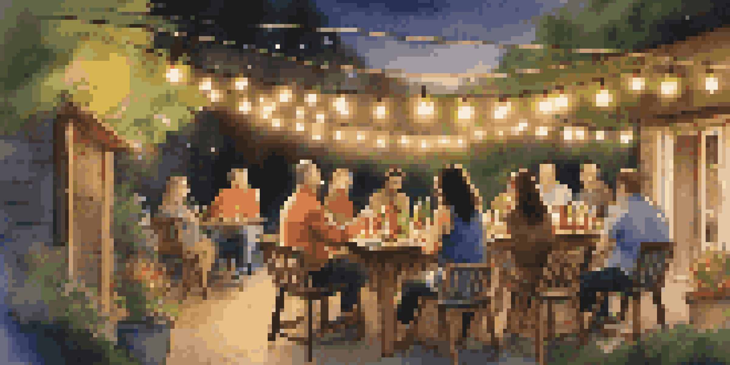 A backyard beer tasting party with a rustic table, beer bottles, tasting glasses, and guests enjoying the evening ambiance.