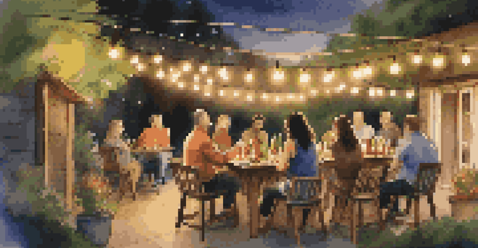 A backyard beer tasting party with a rustic table, beer bottles, tasting glasses, and guests enjoying the evening ambiance.