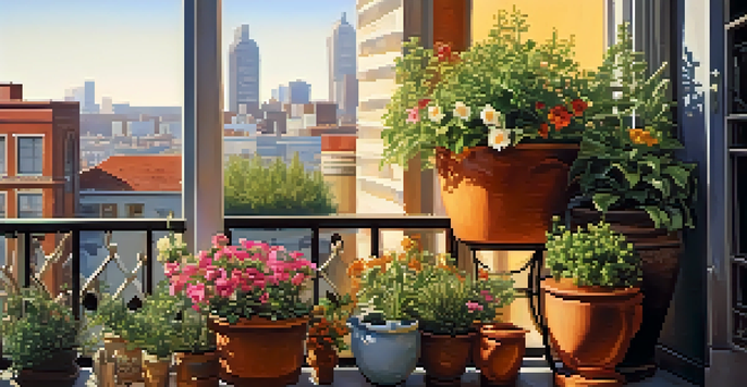 A colorful container garden on a balcony with various flowering plants in pots, set against a city backdrop under warm sunlight.