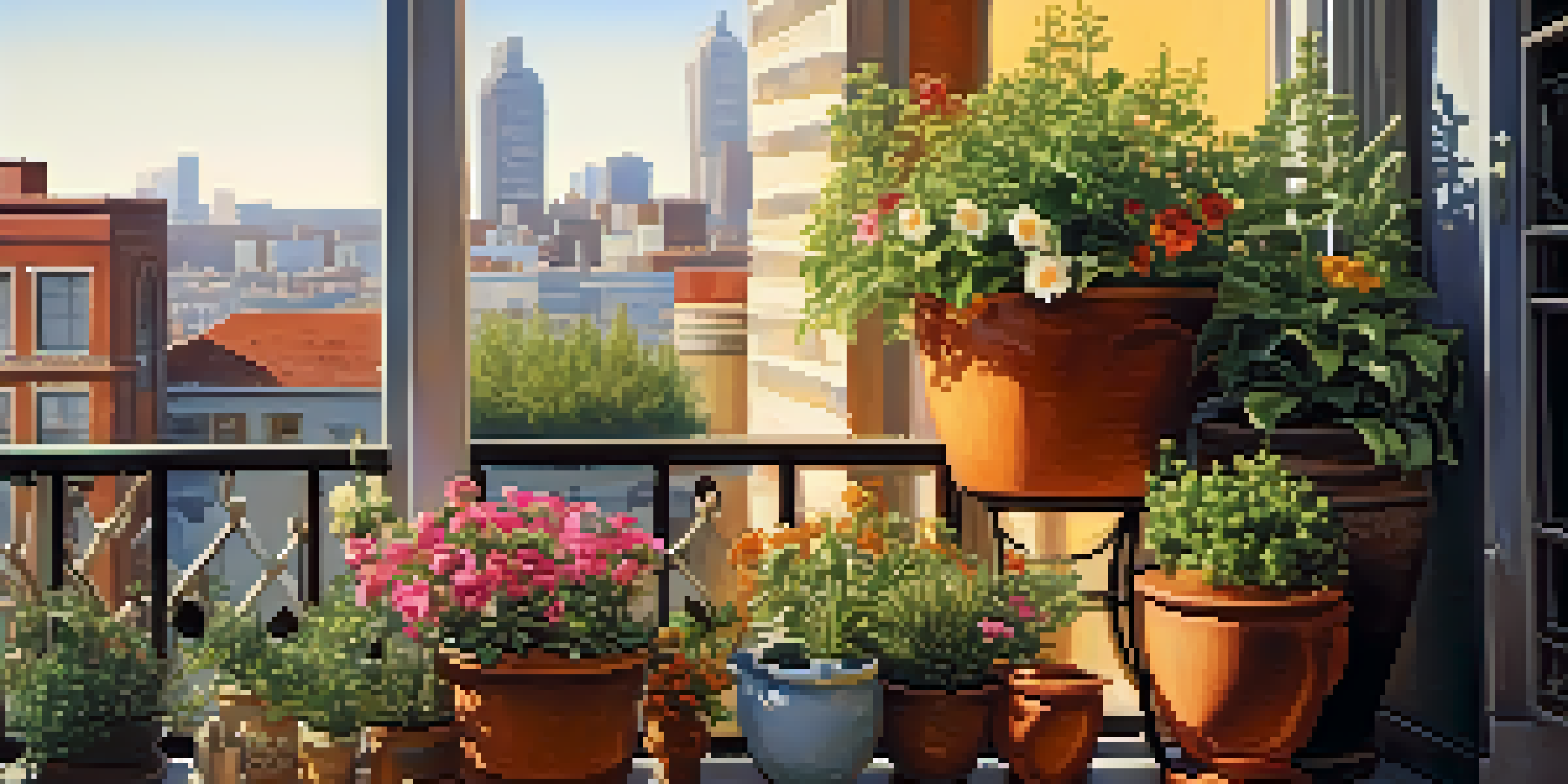 A colorful container garden on a balcony with various flowering plants in pots, set against a city backdrop under warm sunlight.