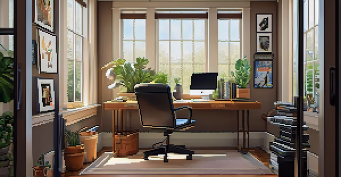 A well-lit home office set up for voice acting, with a desk, microphone, and inspiring decorations.