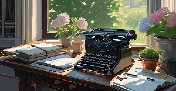 A cozy writing desk bathed in morning light, surrounded by journals and a typewriter, with a view of a vibrant garden outside.