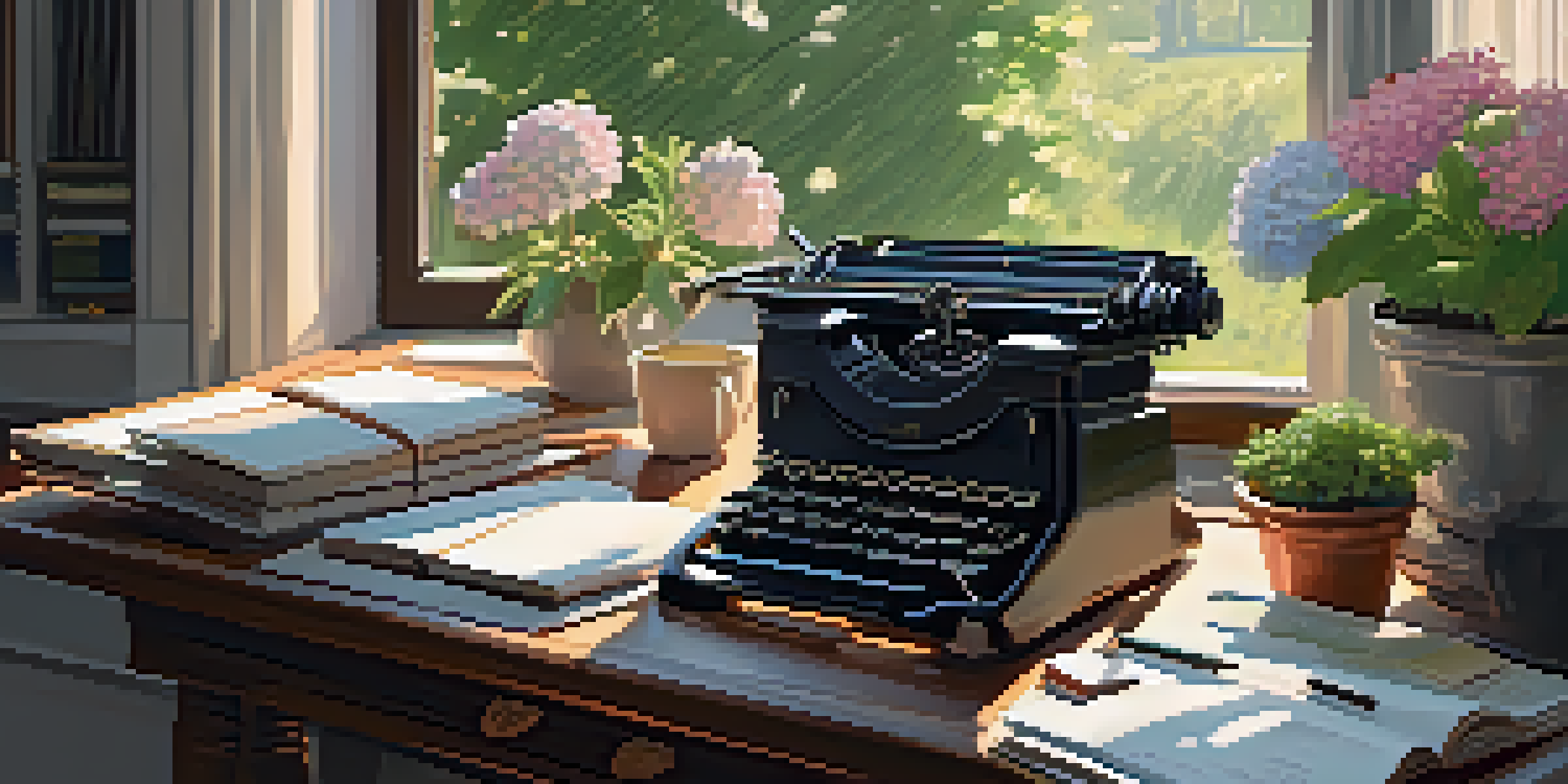 A cozy writing desk bathed in morning light, surrounded by journals and a typewriter, with a view of a vibrant garden outside.