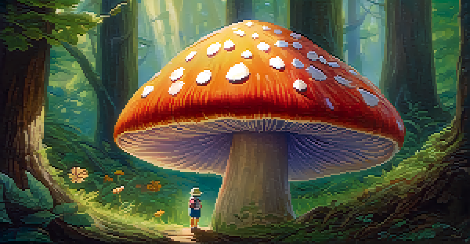 A timid character peeks from behind a colorful mushroom in a lush forest, creating a magical atmosphere.