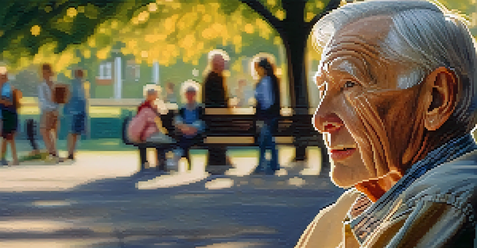 A portrait of an elderly man on a park bench, illuminated by golden hour light, with blurred children playing in the background.
