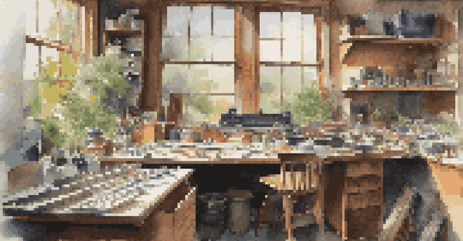 A workspace for model railroading with tools and scenery materials neatly arranged, illuminated by natural light.