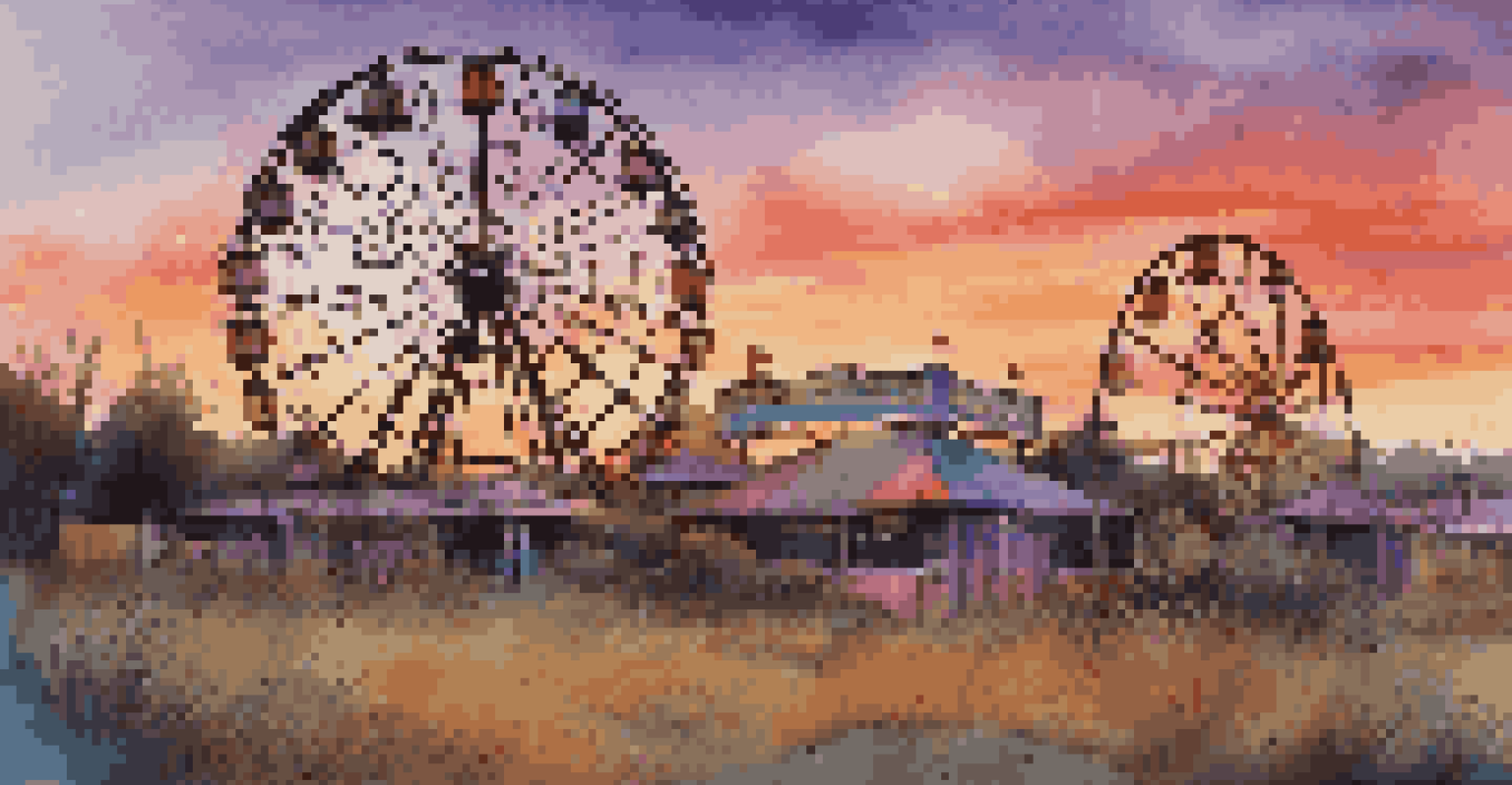 A decaying amusement park at sunset featuring a silhouetted ferris wheel and vibrant sky colors.