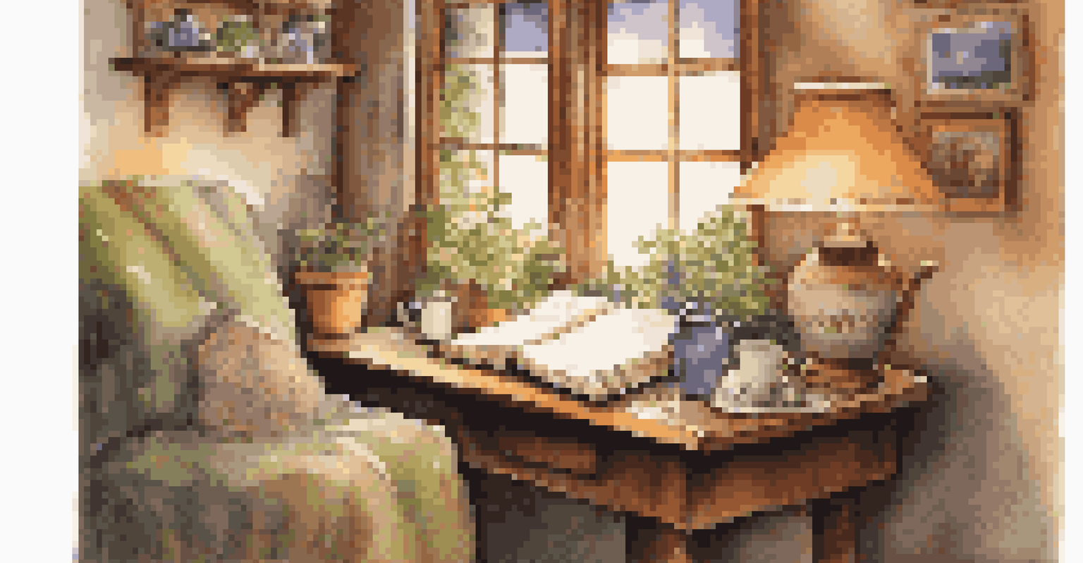 A person writing in a journal in a cozy corner, surrounded by soft lighting, warm wooden furniture, and a cup of tea.