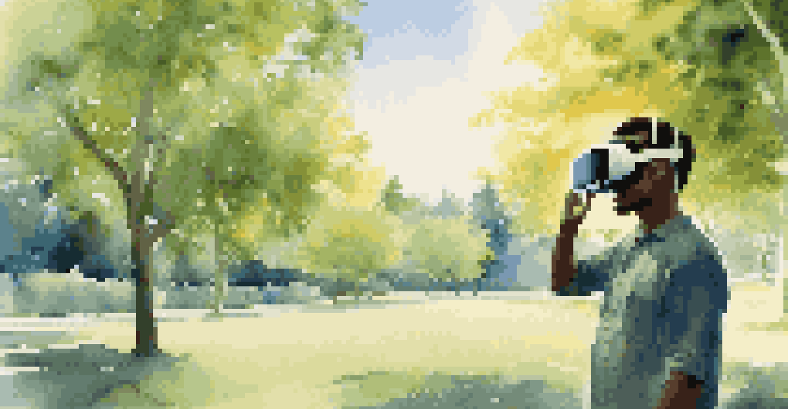 A person in a park wearing a VR headset, smiling while experiencing a virtual environment.