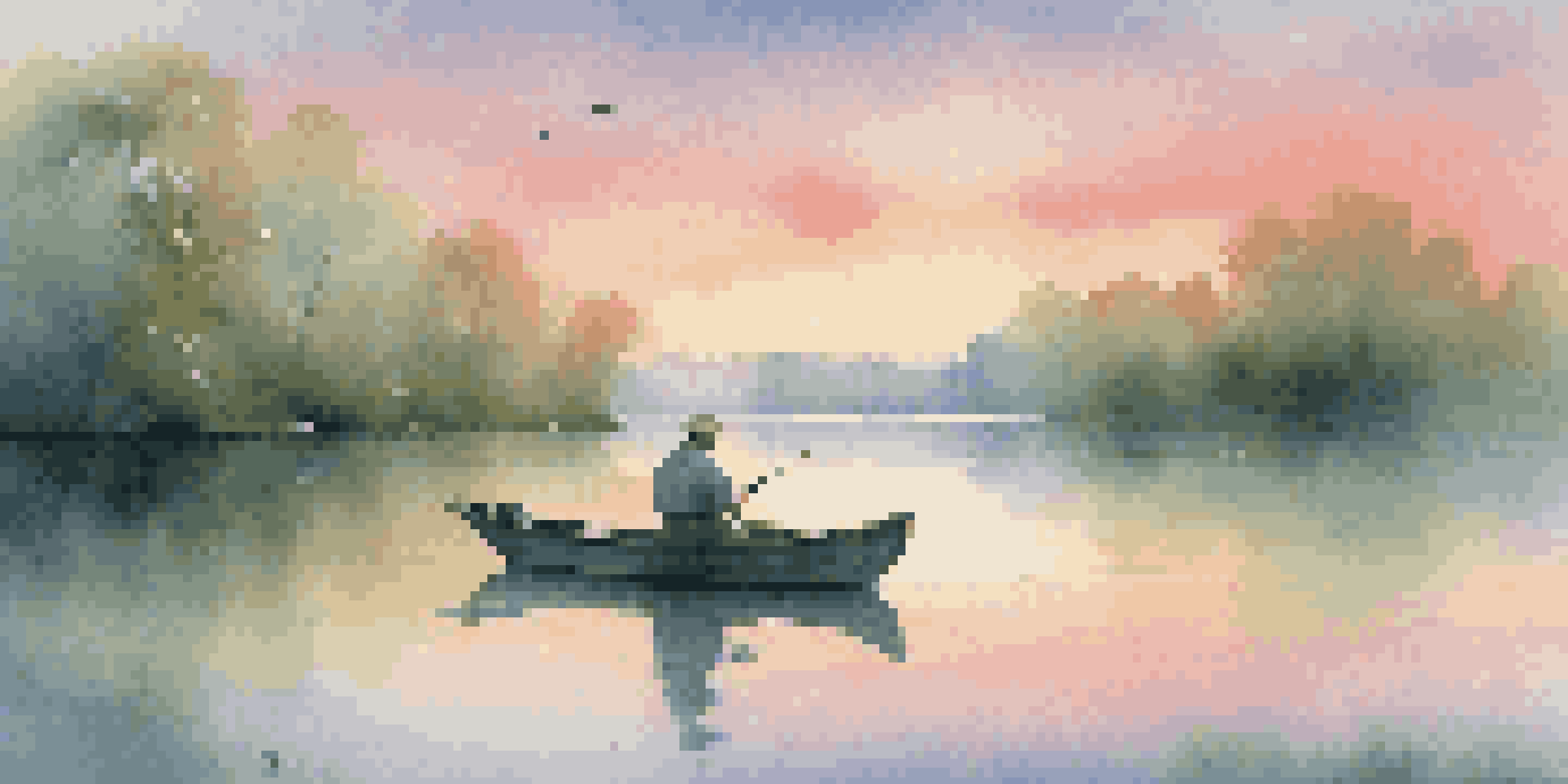 A fisherman in a small boat casting his line at a tranquil lake during sunrise, with mist rising from the water and colorful reflections in the sky.