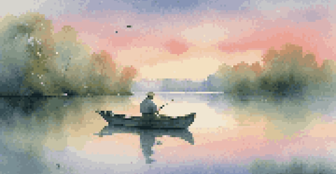 A fisherman in a small boat casting his line at a tranquil lake during sunrise, with mist rising from the water and colorful reflections in the sky.