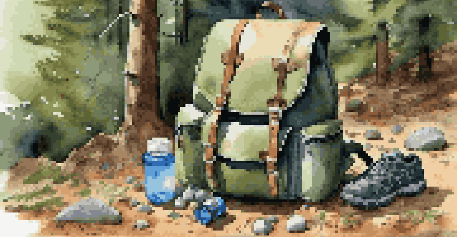 A close-up of a hiking backpack on the forest floor, showcasing its compartments and trekking gear in a natural setting.