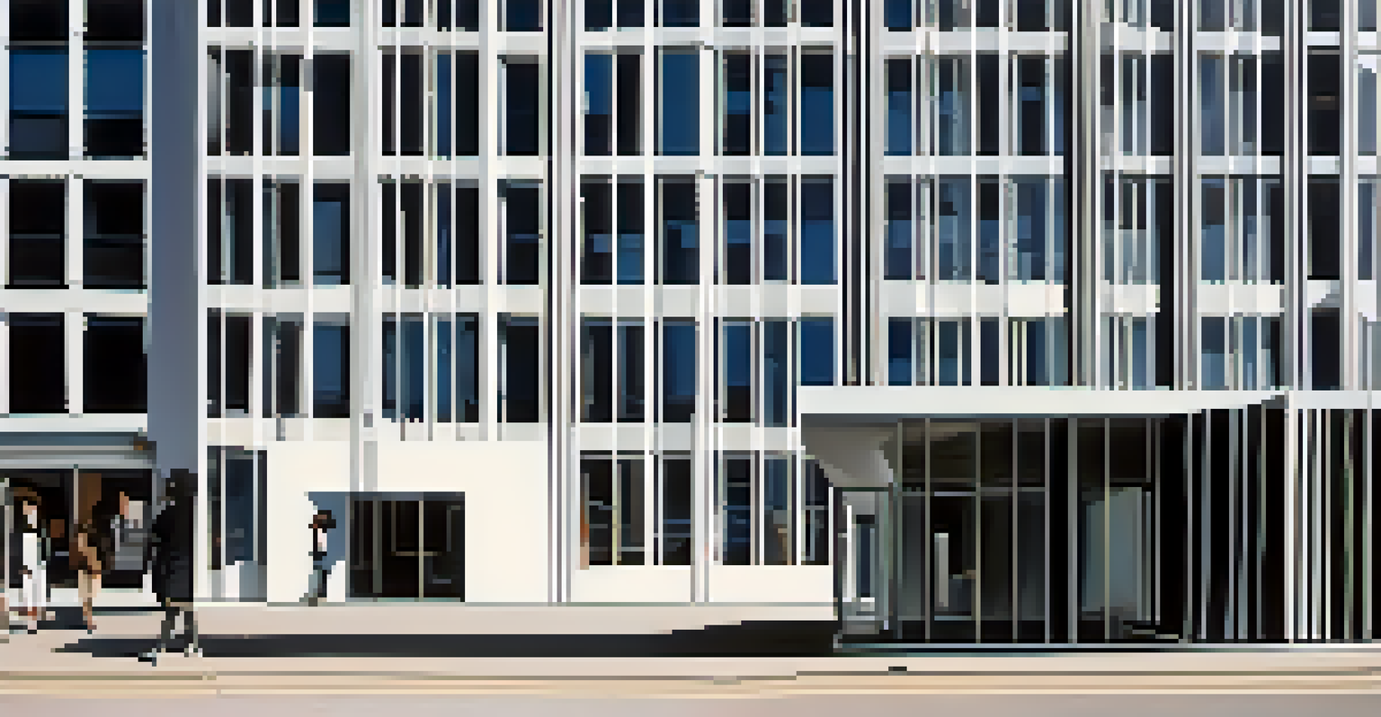 A modern building under bright sunlight, with sharp shadows creating interesting patterns on the ground.