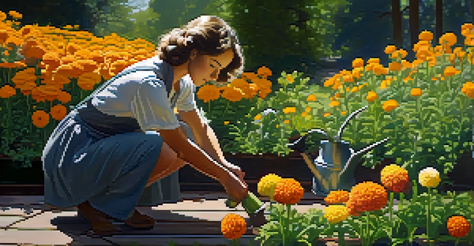 A gardener planting colorful flowers in a lush garden under sunlight, with soil and foliage visible.