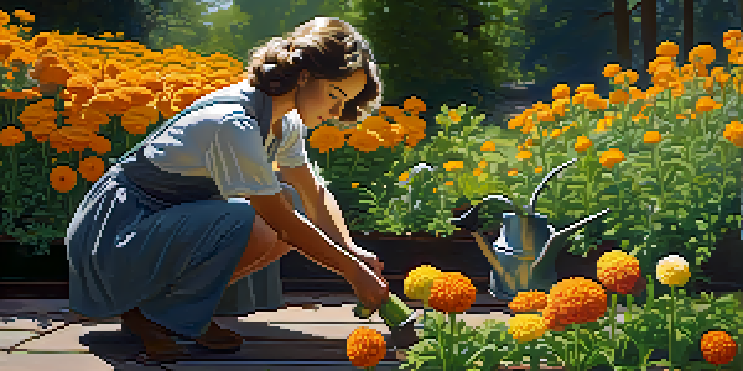 A gardener planting colorful flowers in a lush garden under sunlight, with soil and foliage visible.