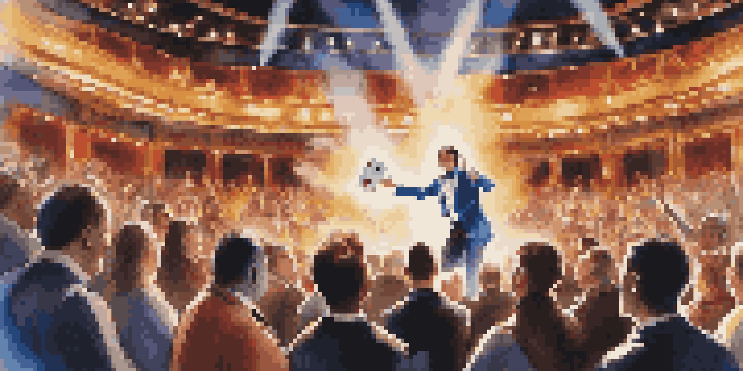 A magician performing a card trick with colorful cards flying through the air under bright stage lights, with an audience watching in awe.