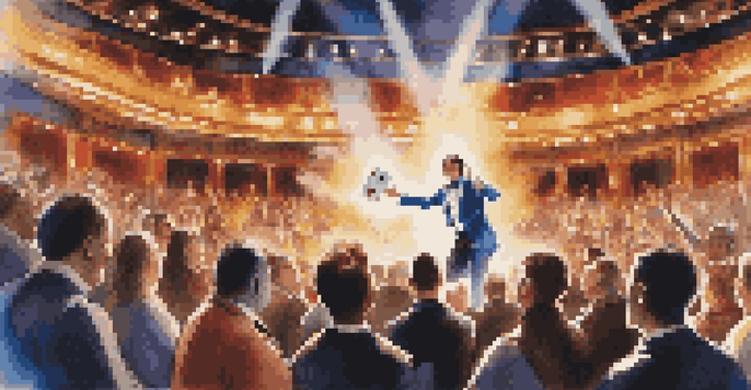 A magician performing a card trick with colorful cards flying through the air under bright stage lights, with an audience watching in awe.