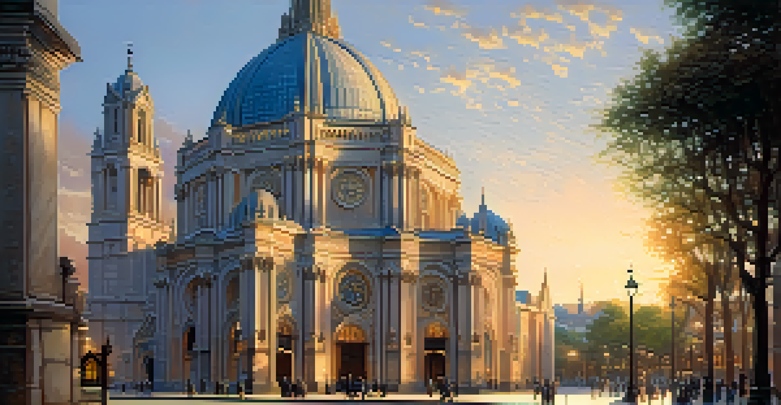 A grand cathedral illuminated in the evening light, with intricate details, cobblestone path, and glowing lanterns.