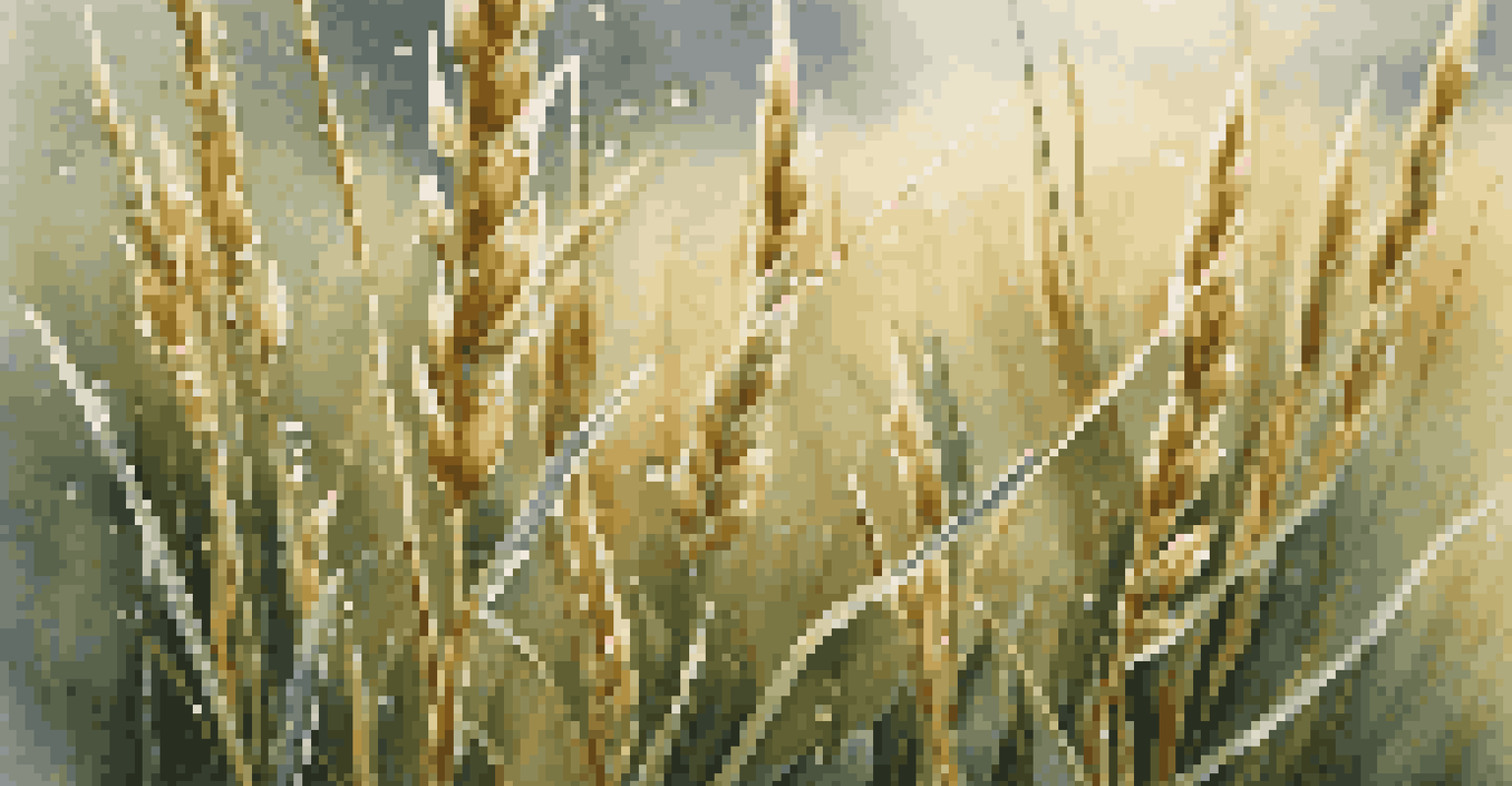 Close-up of wild grains with dew in a natural setting, showcasing details and textures.