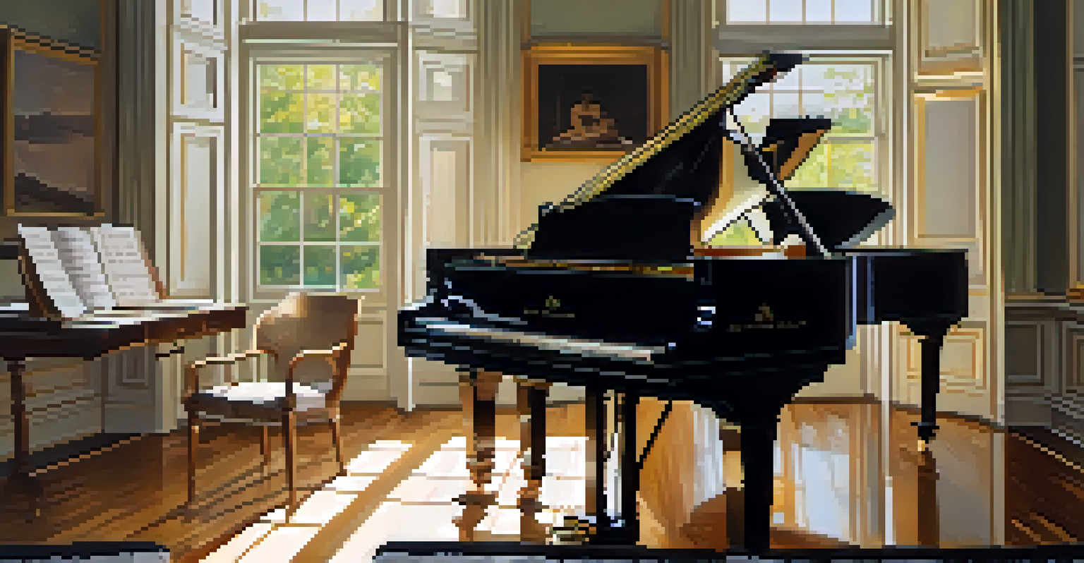 A musician playing a grand piano with sheet music scattered around, illuminated by soft natural light.
