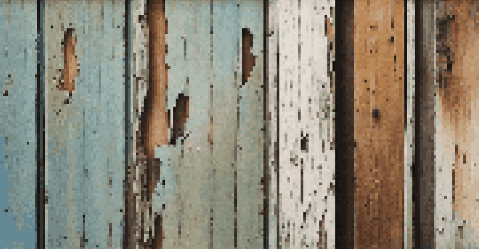 A close-up of a vintage wooden door with peeling paint, highlighting its textures and colors.