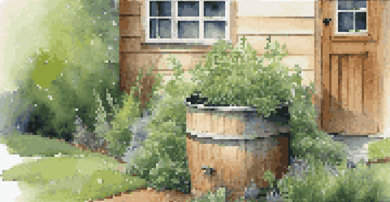 A peaceful backyard scene featuring a rustic rain barrel surrounded by flourishing herbs, with rainwater droplets glistening in the afternoon light.