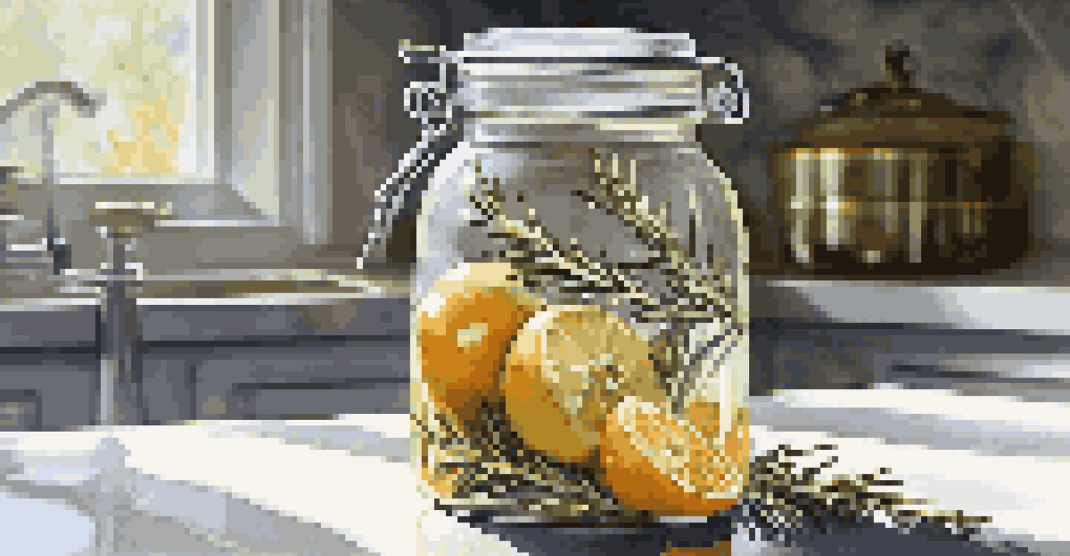 A glass jar containing homemade flavored vinegar with rosemary, garlic, and citrus peels, illuminated by natural sunlight.