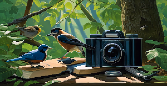 A tranquil forest with several birds on branches, dappled sunlight streaming through the leaves, and birdwatching equipment nearby.