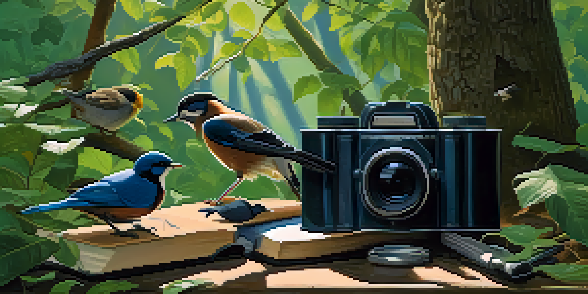 A tranquil forest with several birds on branches, dappled sunlight streaming through the leaves, and birdwatching equipment nearby.