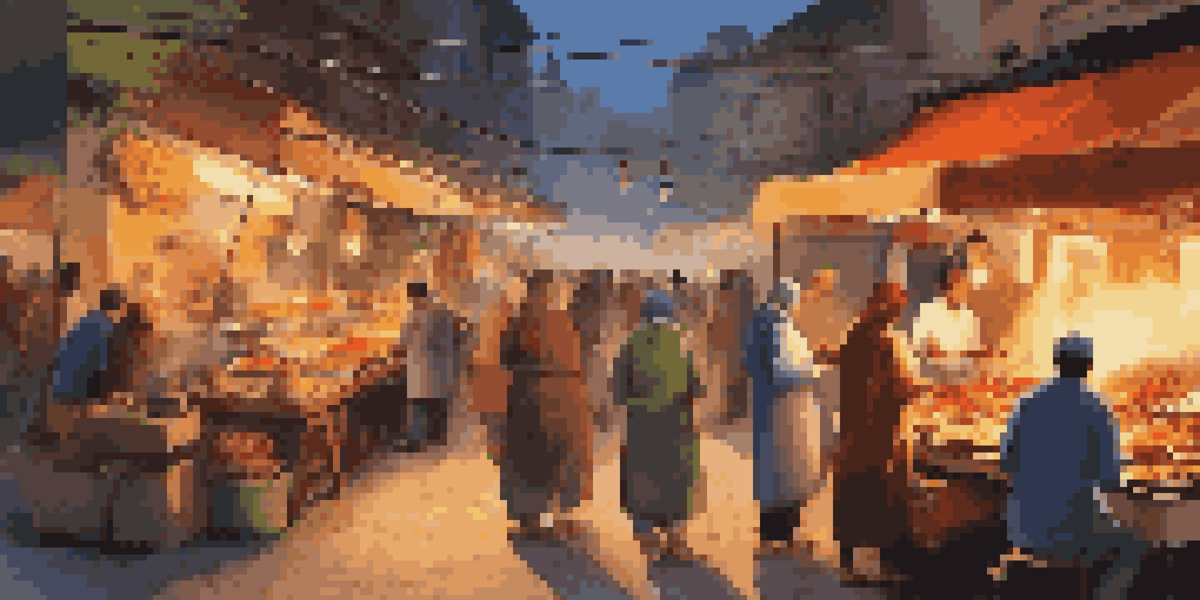 A lively street food market with colorful stalls and warm lights at dusk, featuring people enjoying meals and a vendor cooking over an open flame.
