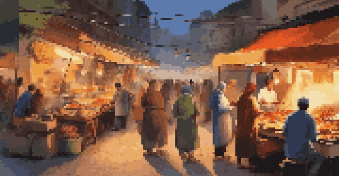 A lively street food market with colorful stalls and warm lights at dusk, featuring people enjoying meals and a vendor cooking over an open flame.