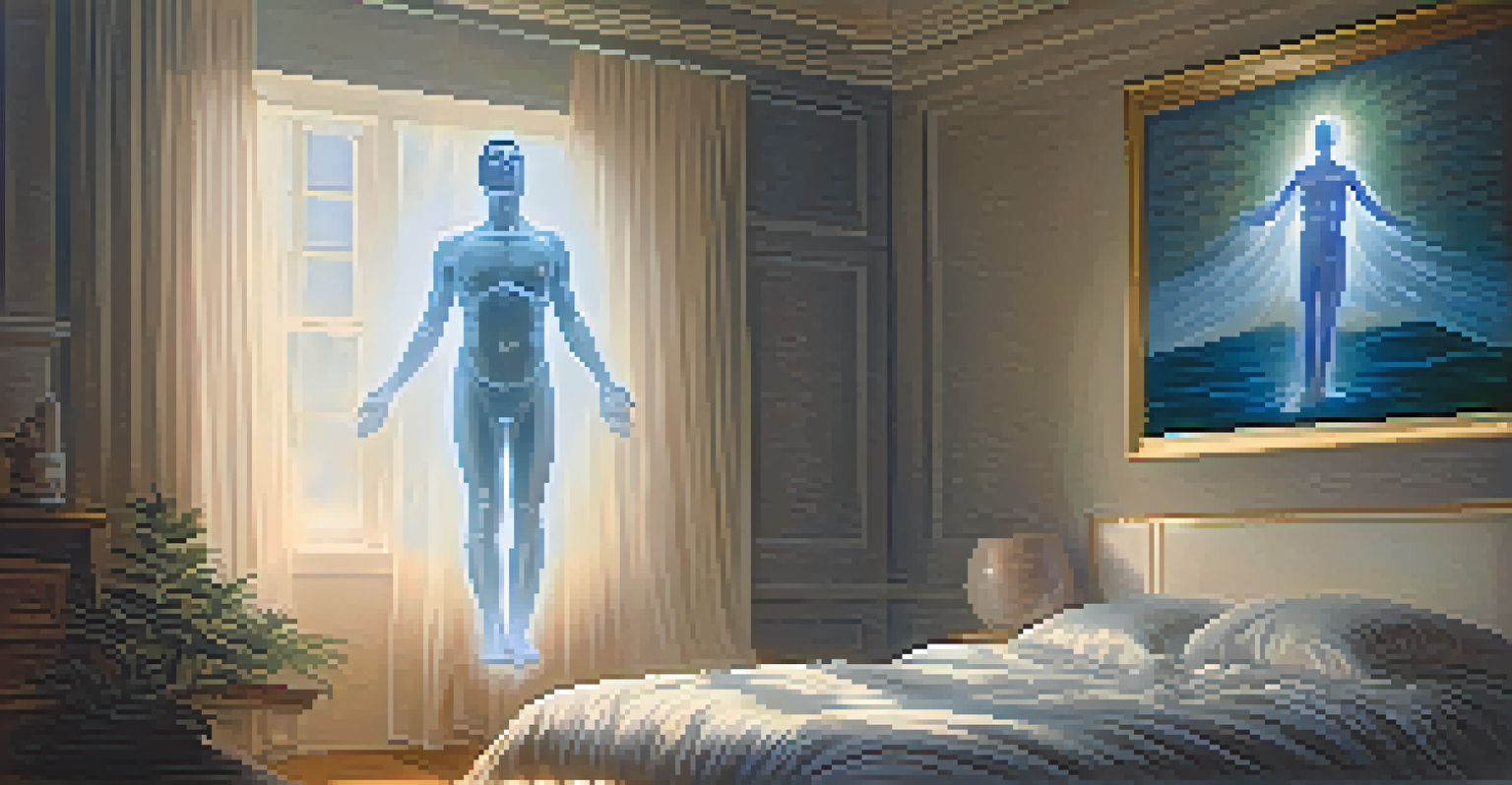 A translucent figure rising above their physical body, symbolizing astral projection in a softly lit bedroom.