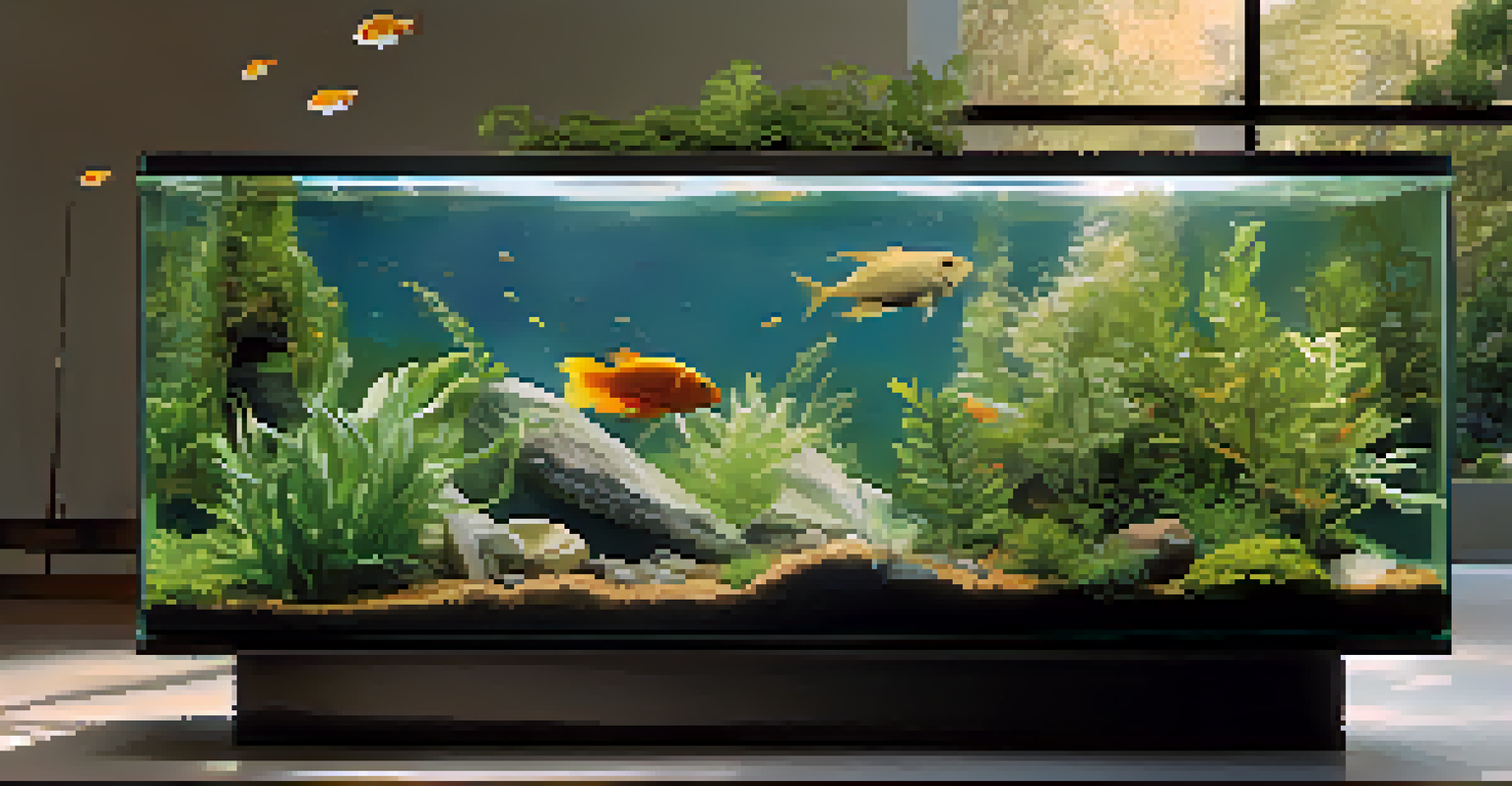 A balanced aquatic ecosystem with healthy plants and fish swimming in clear water, illuminated by warm golden light, featuring a filtration system.
