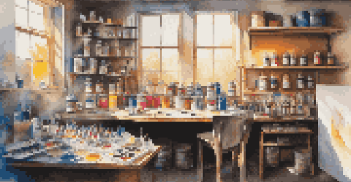 An organized airbrush painting workspace with various tools and paints, well-lit by sunlight.