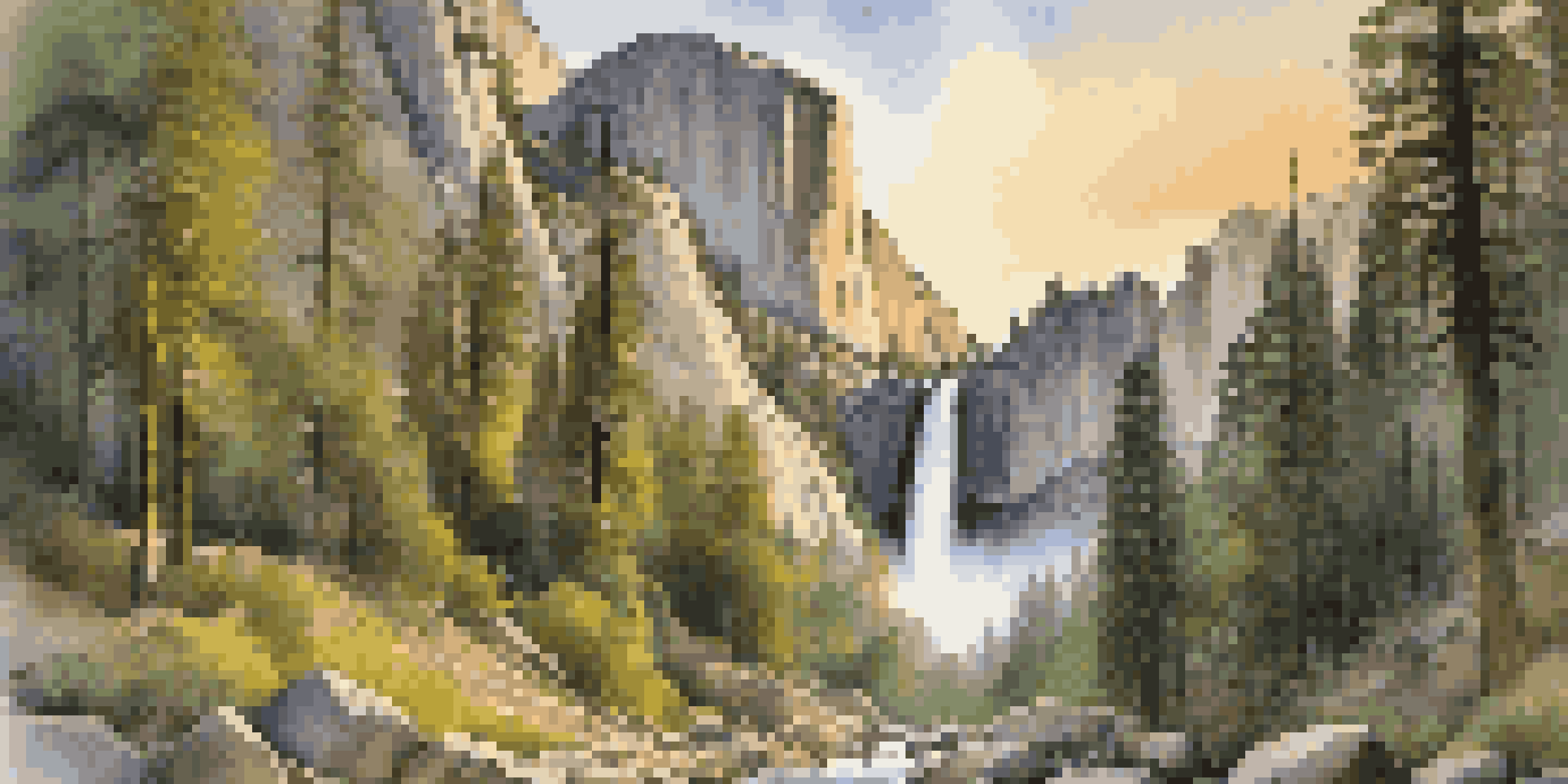 A stunning landscape of Yosemite's Mist Trail with a waterfall and granite cliffs during sunset.