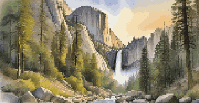 A stunning landscape of Yosemite's Mist Trail with a waterfall and granite cliffs during sunset.