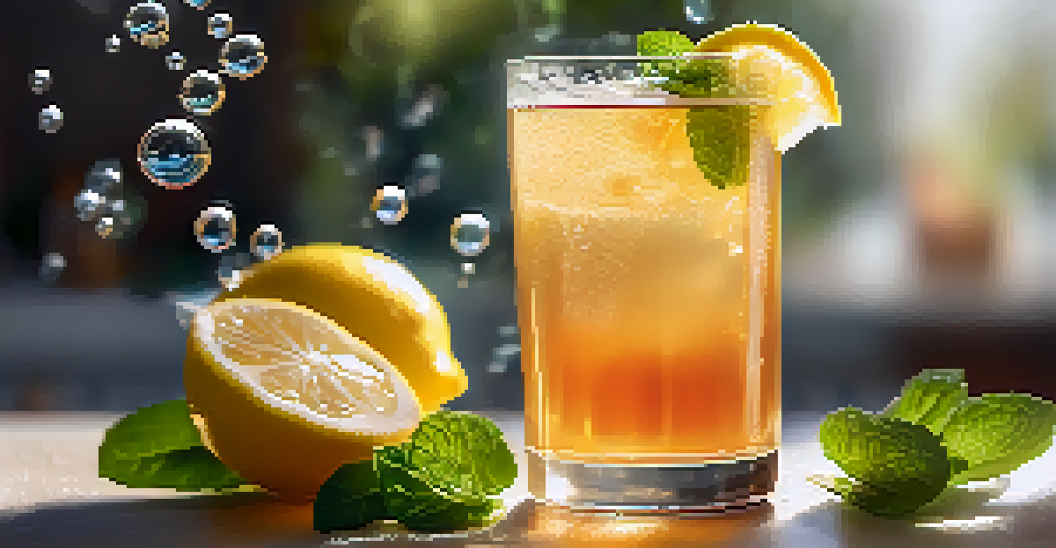 A refreshing glass of kombucha with bubbles and garnished with lemon and mint in a bright kitchen setting.