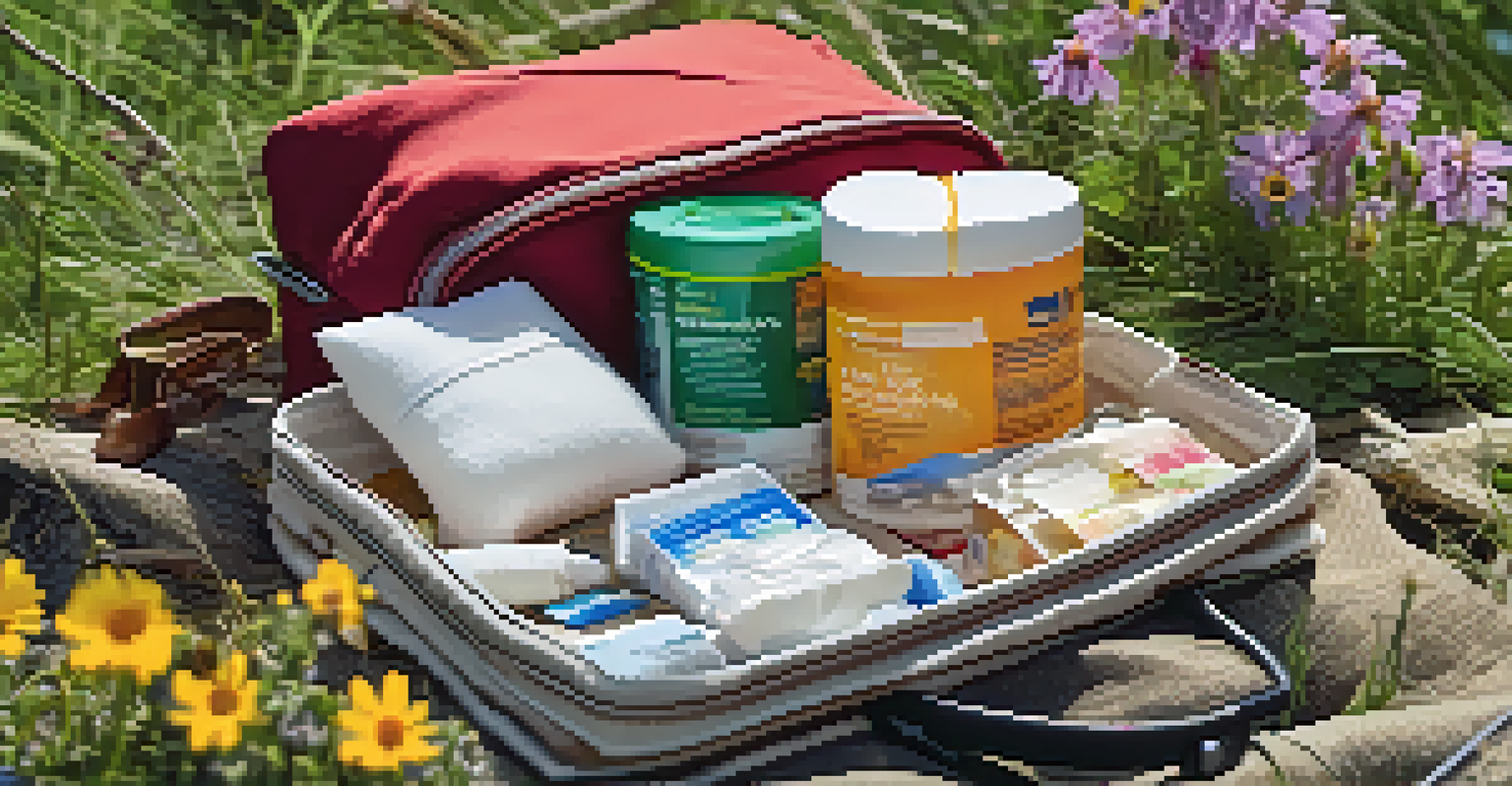 An open first aid kit on a picnic blanket with outdoor scenery in the background.