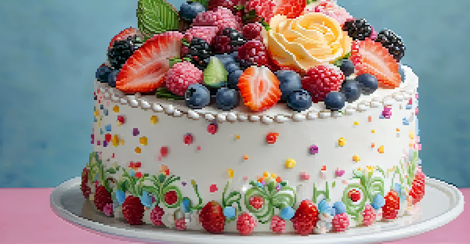 A decorated cake with colorful piping designs and fresh berries, showcased on a white cake stand with a blurred background.