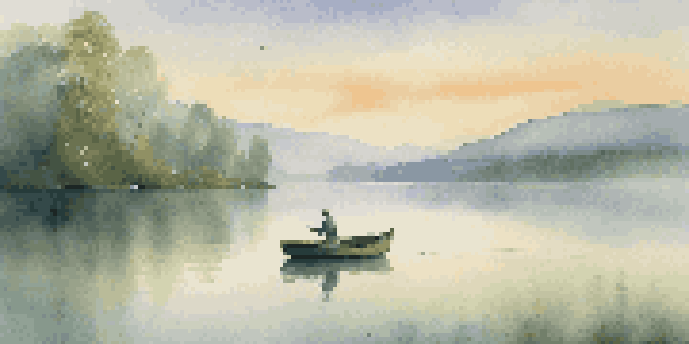A fisherman in a boat casting his line at sunrise on a misty lake, surrounded by lush trees and mountains.