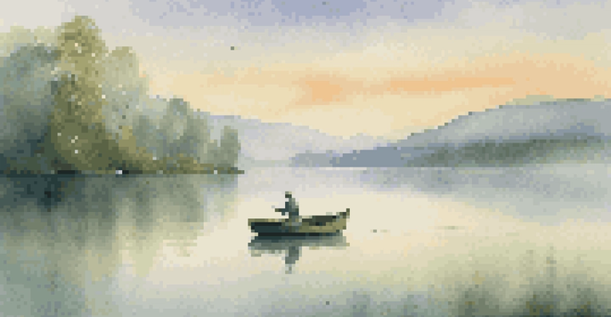A fisherman in a boat casting his line at sunrise on a misty lake, surrounded by lush trees and mountains.
