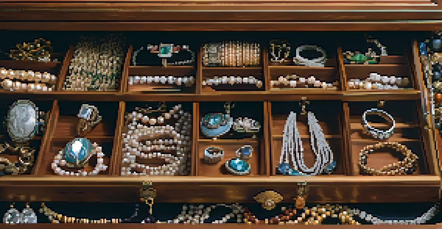 A wooden jewelry box filled with restored vintage necklaces, rings, and bracelets arranged neatly.